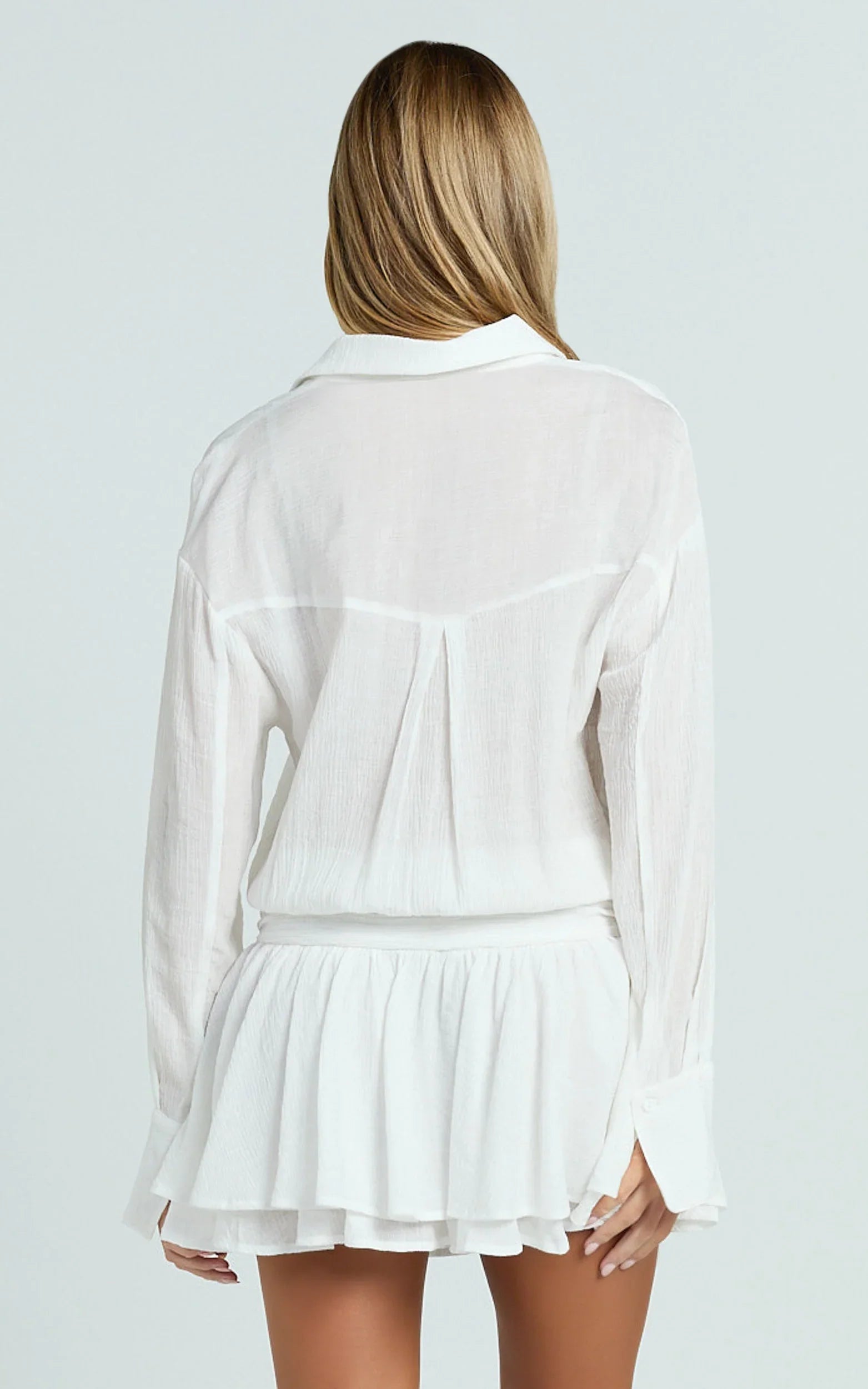 Edith Mini Dress - Long Sleeve Drop Waist Shirt Dress in White