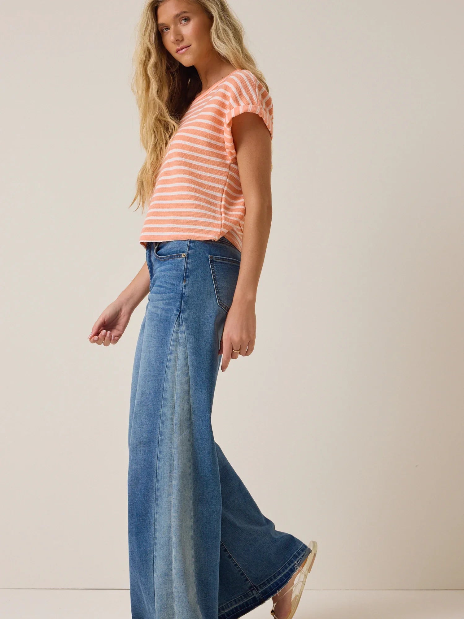 Hattie Stripe Roll Sleeve Crew