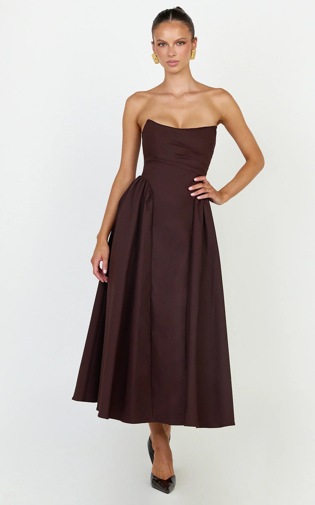 Amara Maxi Dress - Strapless Fit And Flare Dress in Chocolate