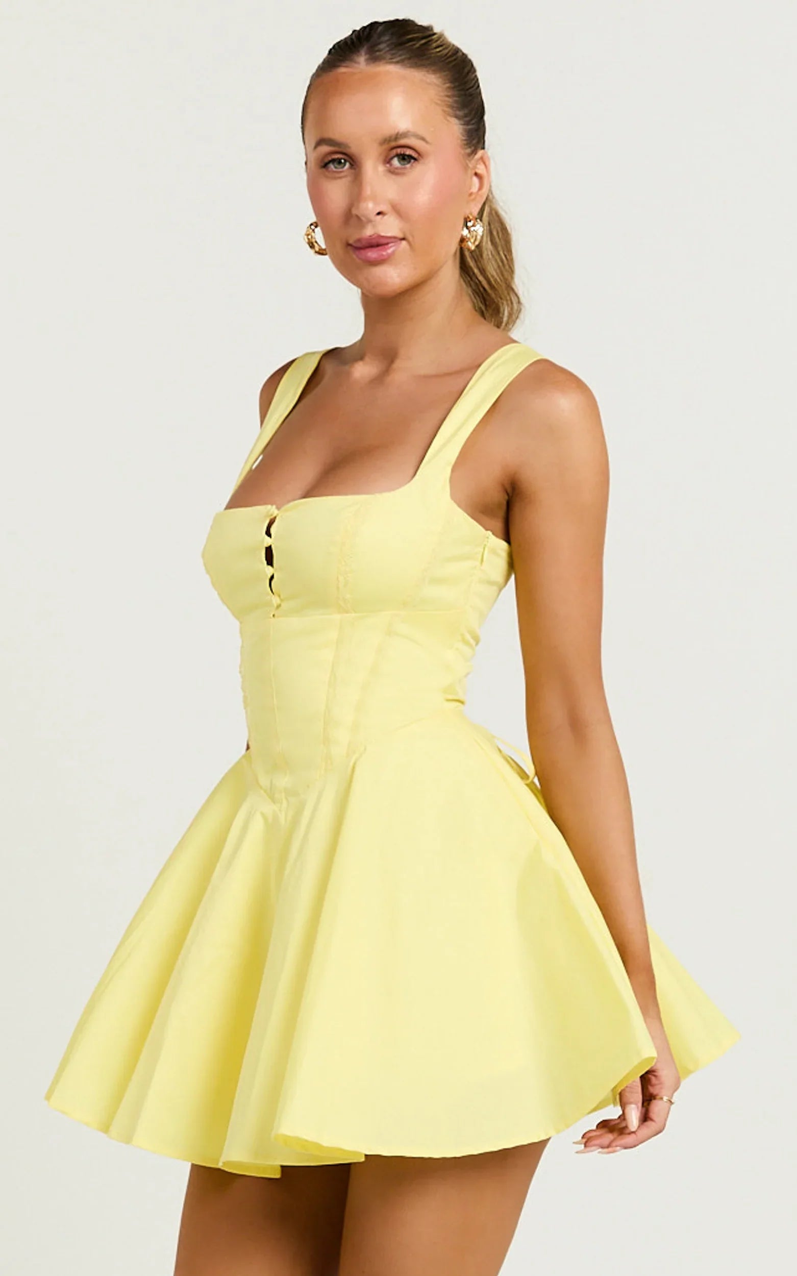 Indi Mini Dress - Square Neckline Lace Up Back Dress in Lemon