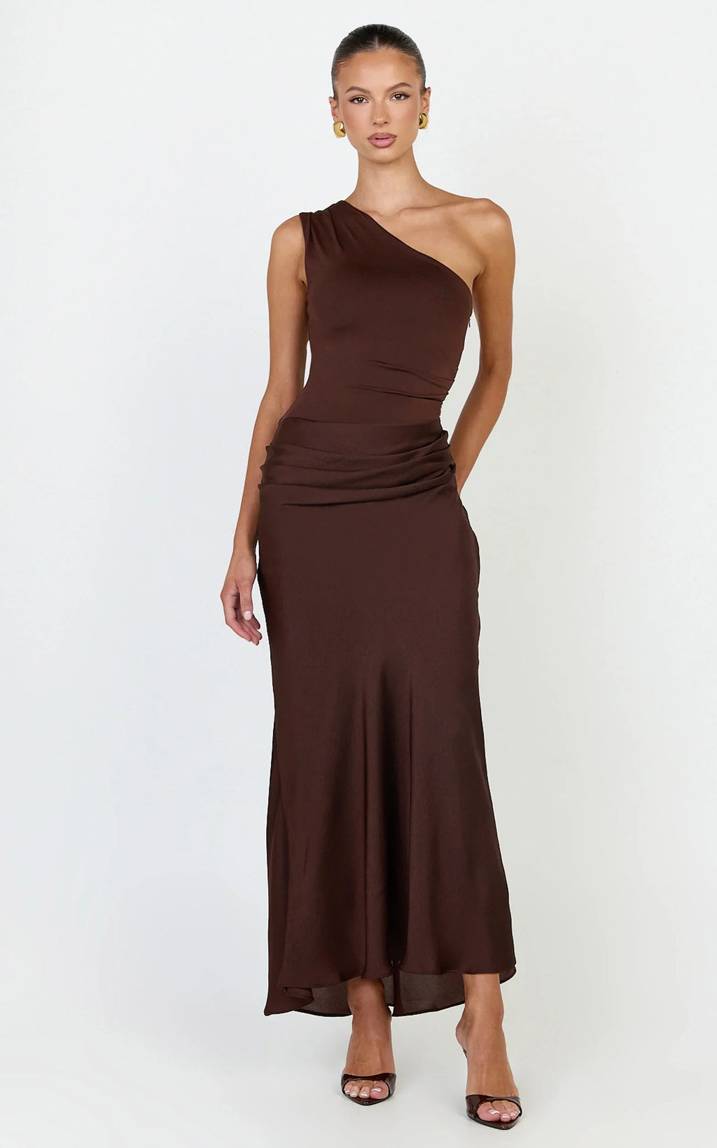 Astrid Midi Dress - One Shoulder Contrast Satin Dress in Chocolate