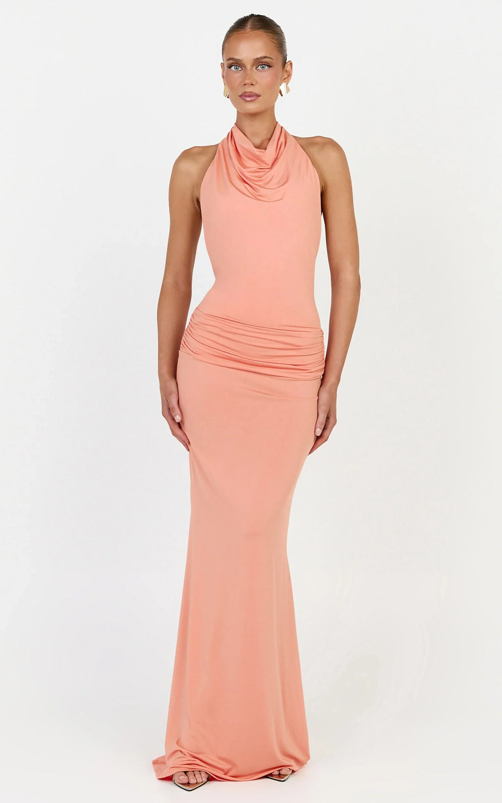 Lizzy Maxi Dress - Backless Ruched Bodycon Dress in Coral