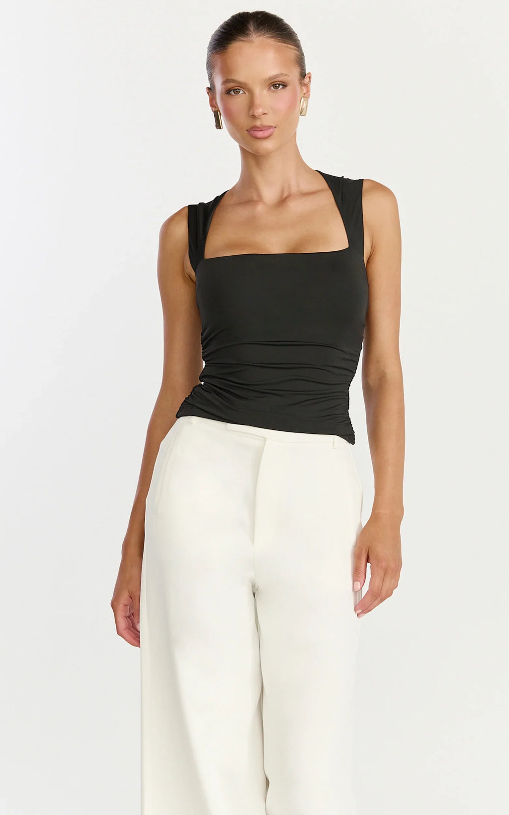 Seraphina Top - Square Neck Gathered Waist Top in Black