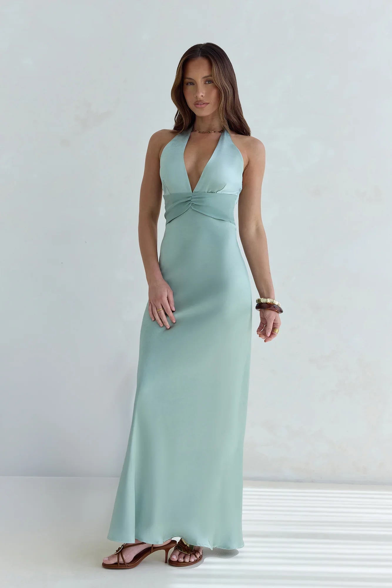 Destinations Halter Satin Maxi Dress Sage