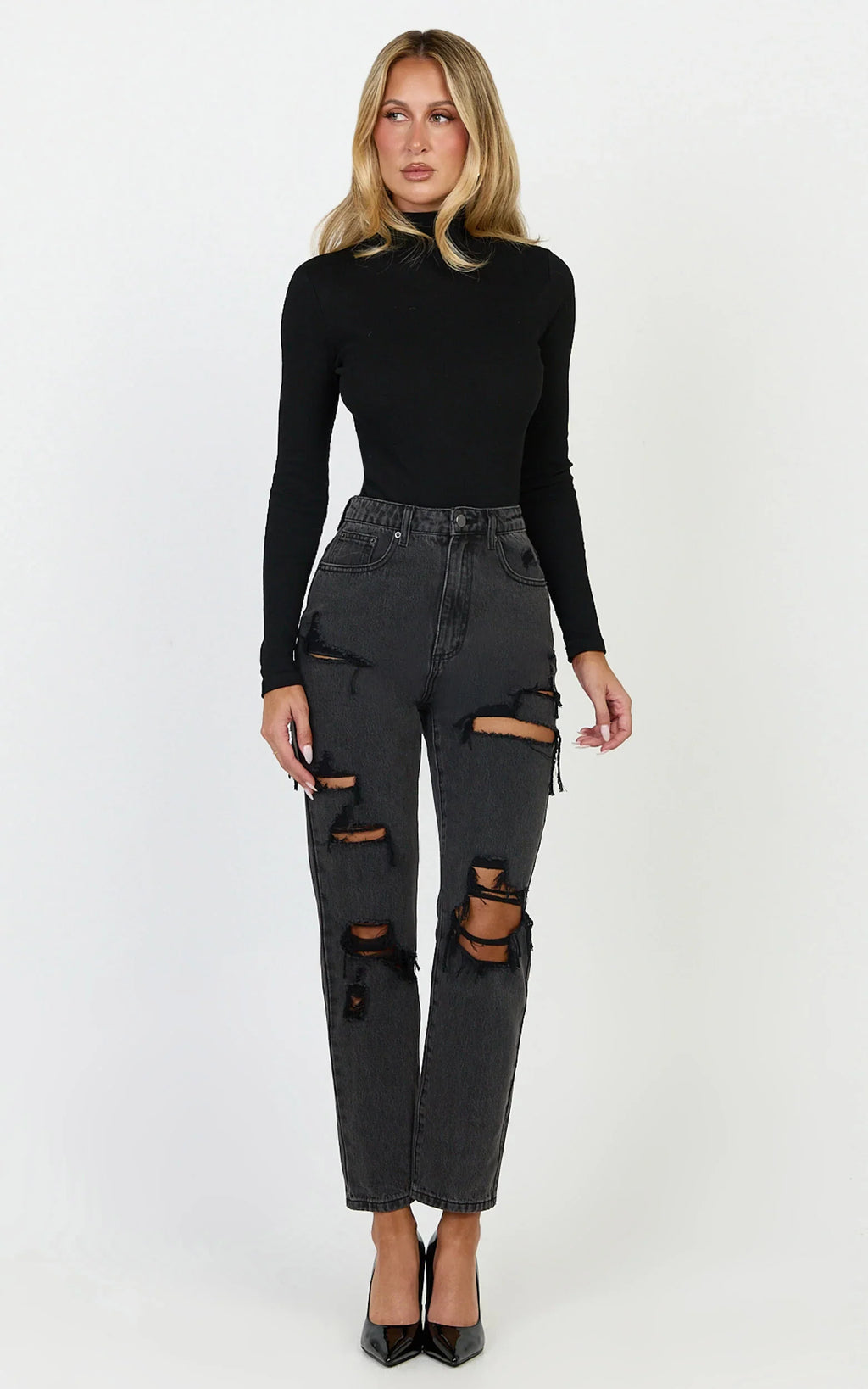 Billie Jeans - High Waisted Cotton Distressed Mom Denim Jeans in Black Wash