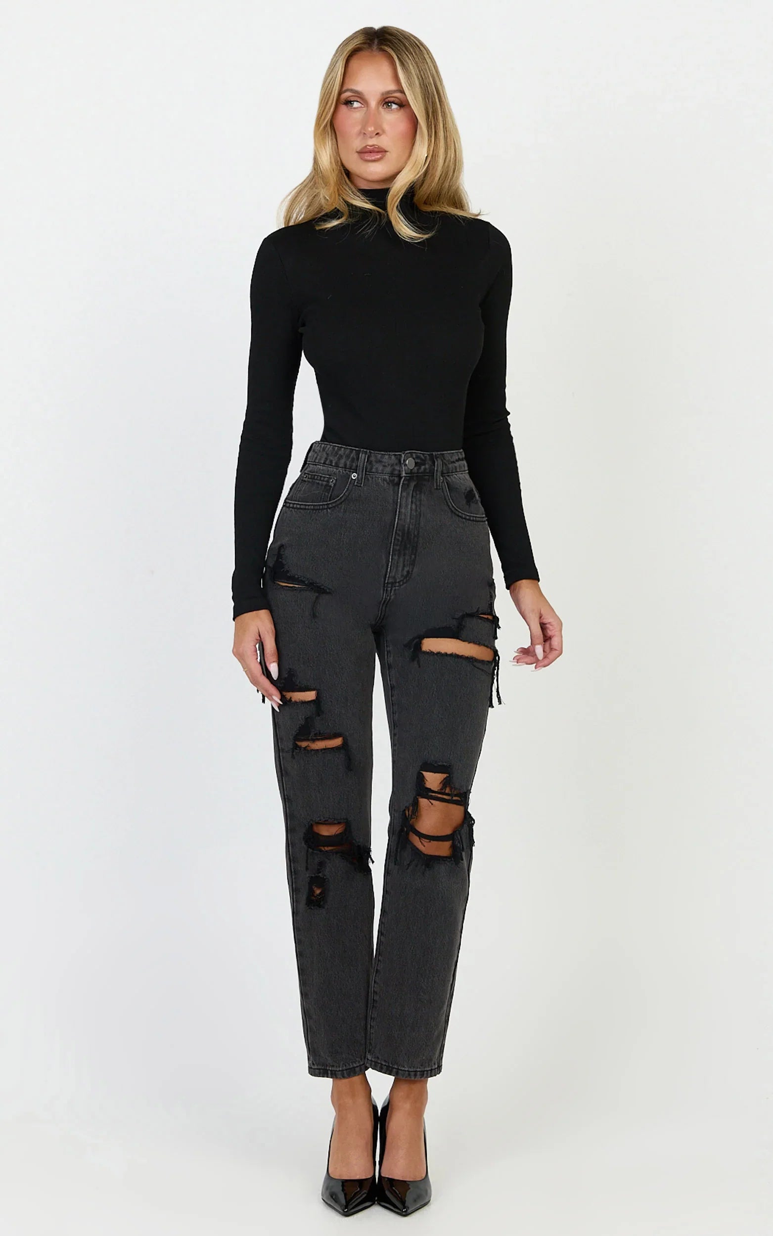 Billie Jeans - High Waisted Cotton Distressed Mom Denim Jeans in Black Wash