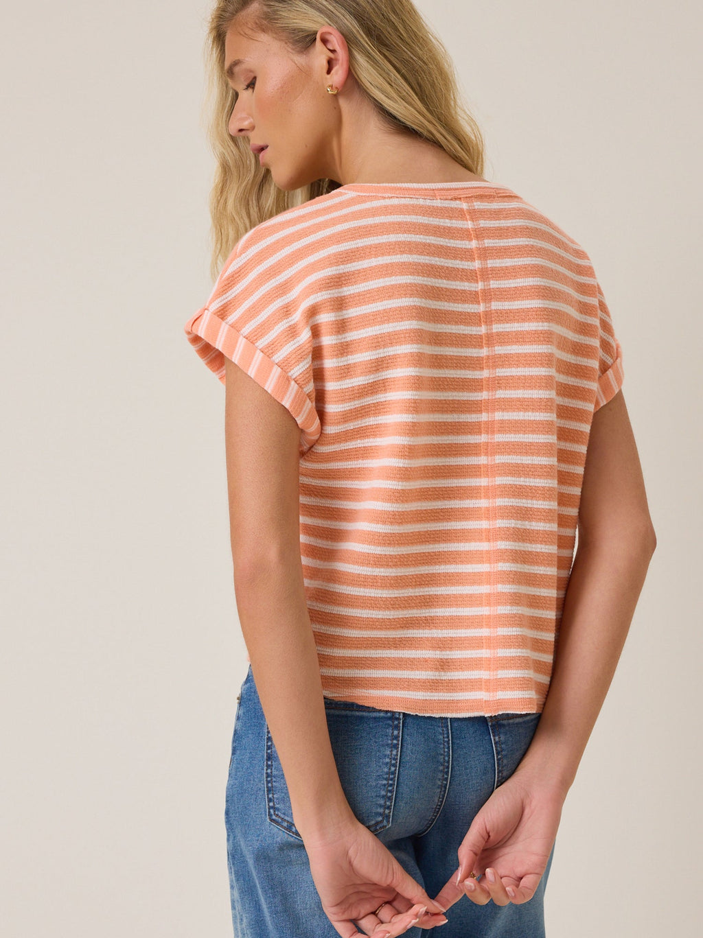 Hattie Stripe Roll Sleeve Crew