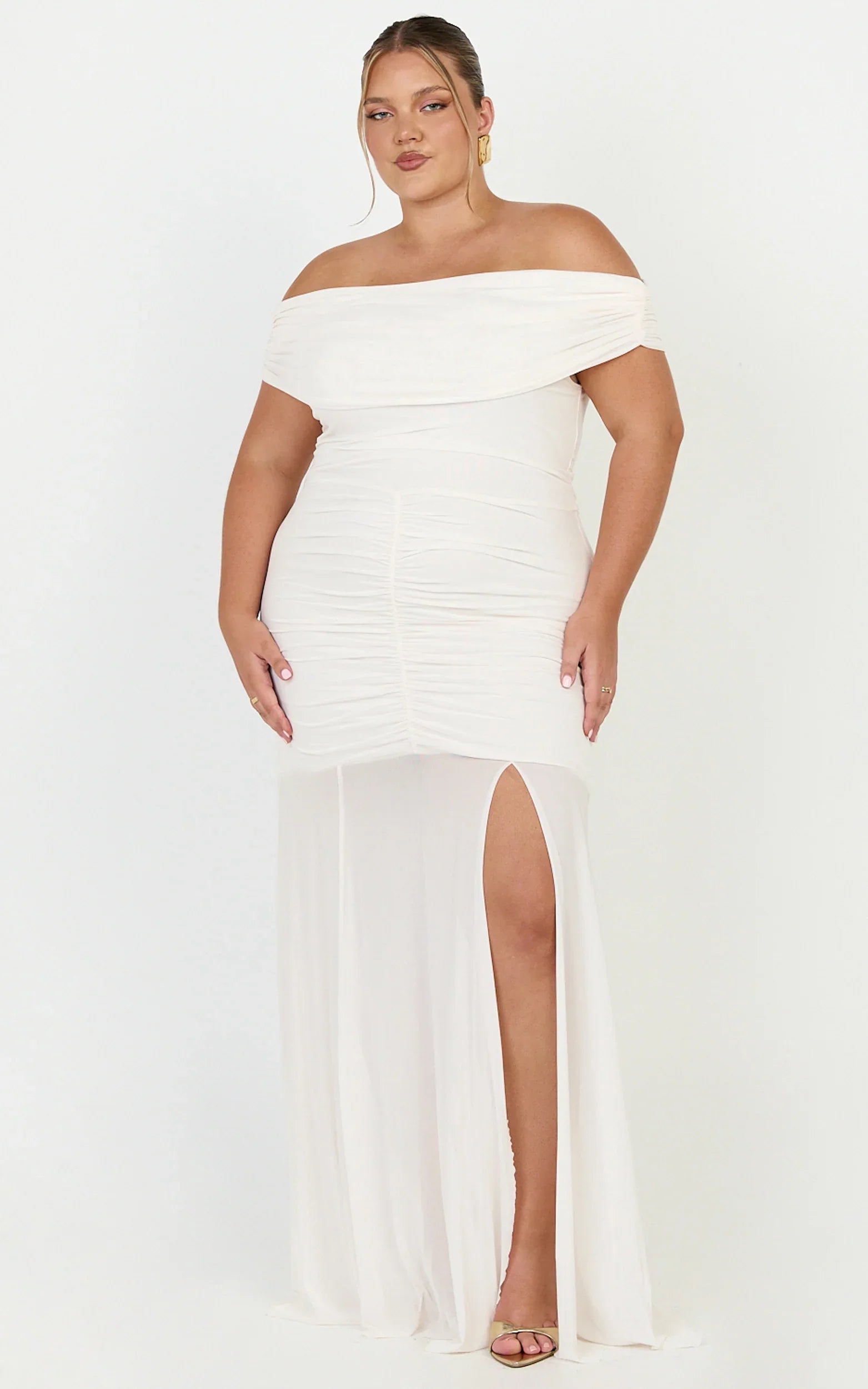 Alanna Maxi Dress - Off Shoulder Ruched Mesh Dress in Cream