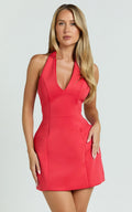 Gaia Mini Dress - Plunge Halter Fit and Flare Dress in Red