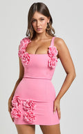 Emmy Mini Dress - Rosette Detail Fitted Dress in Bubblegum Pink