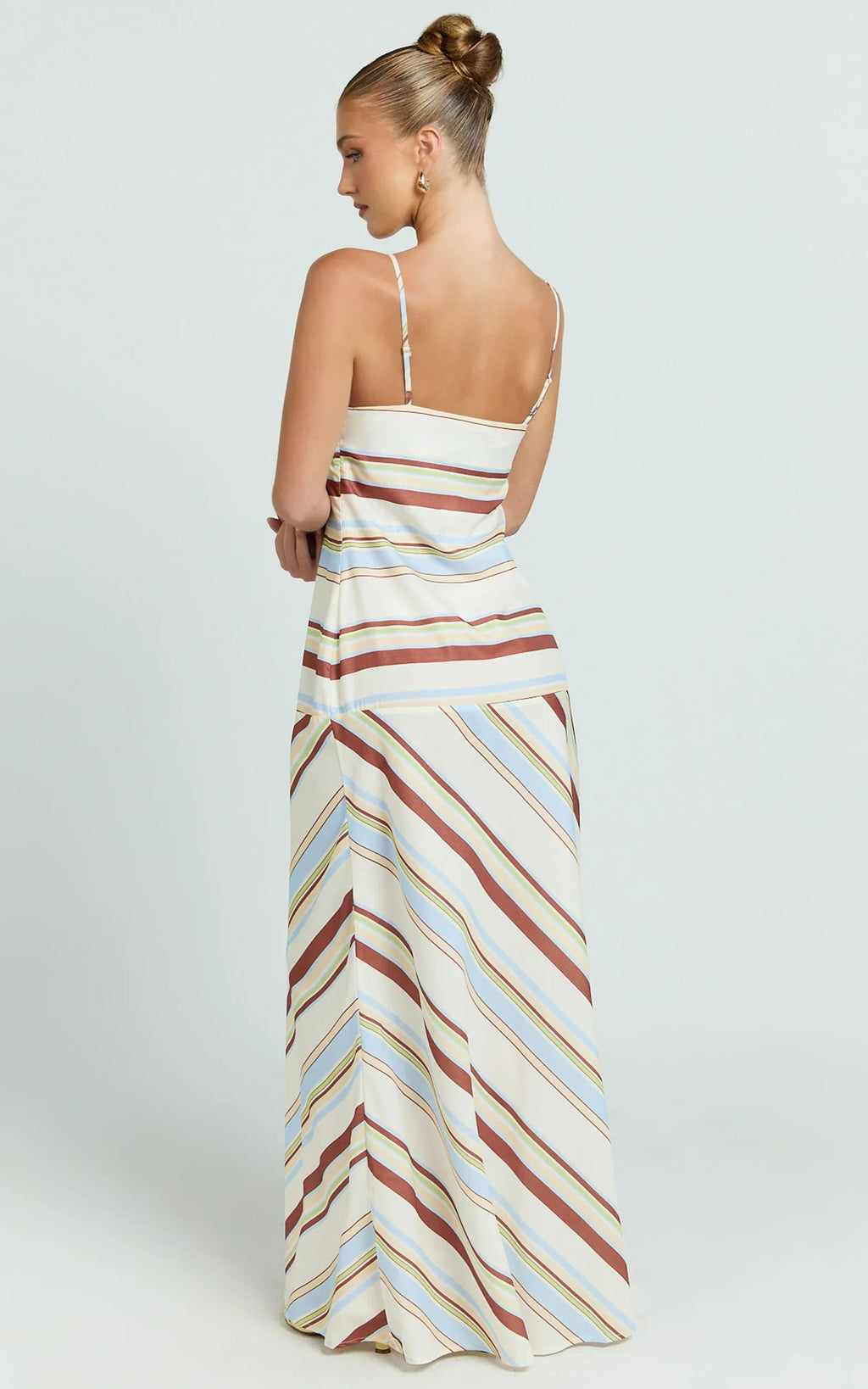 Yurika Maxi Dress - Square Neck Stripe Print Slip Dress in Choco Retro Stripe