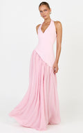 Calla Maxi Dress - Halter Neck Asymmetric Dropped Waist Dress in Pink
