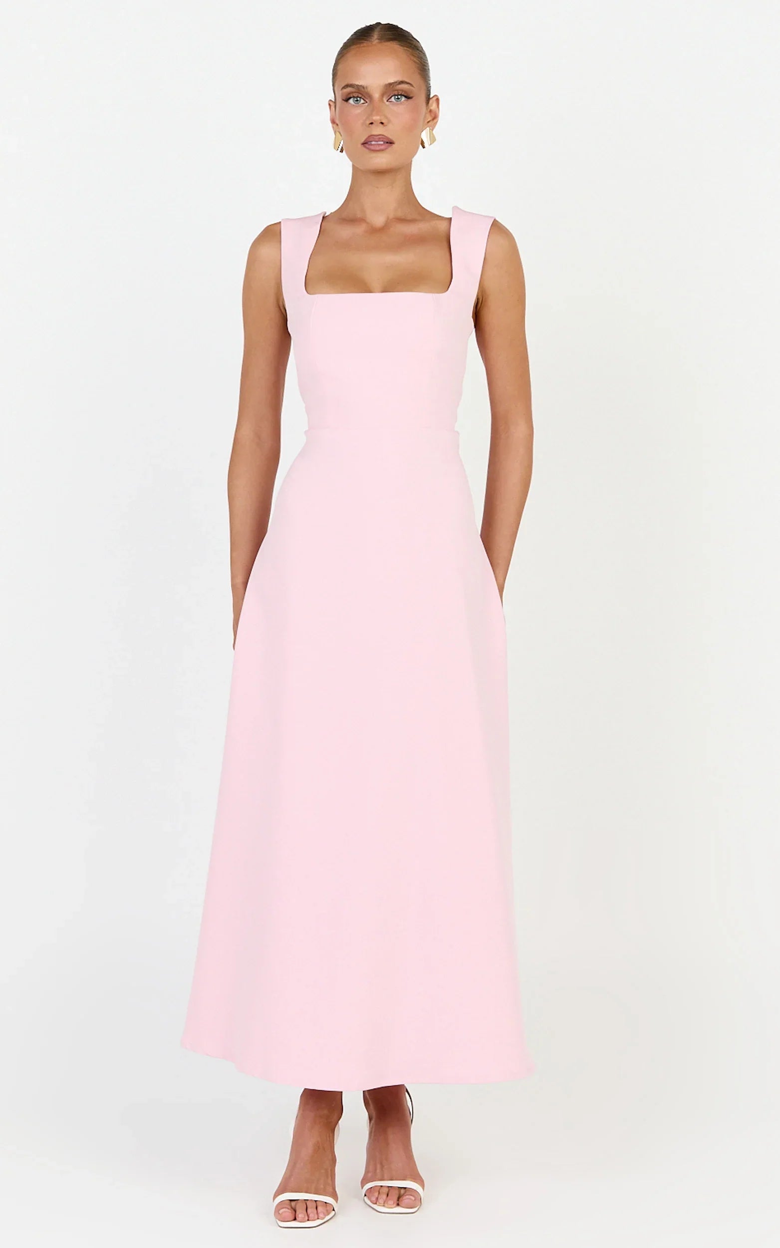 Zinnia Midi Dress - Square Neck A Line Dress in Pink