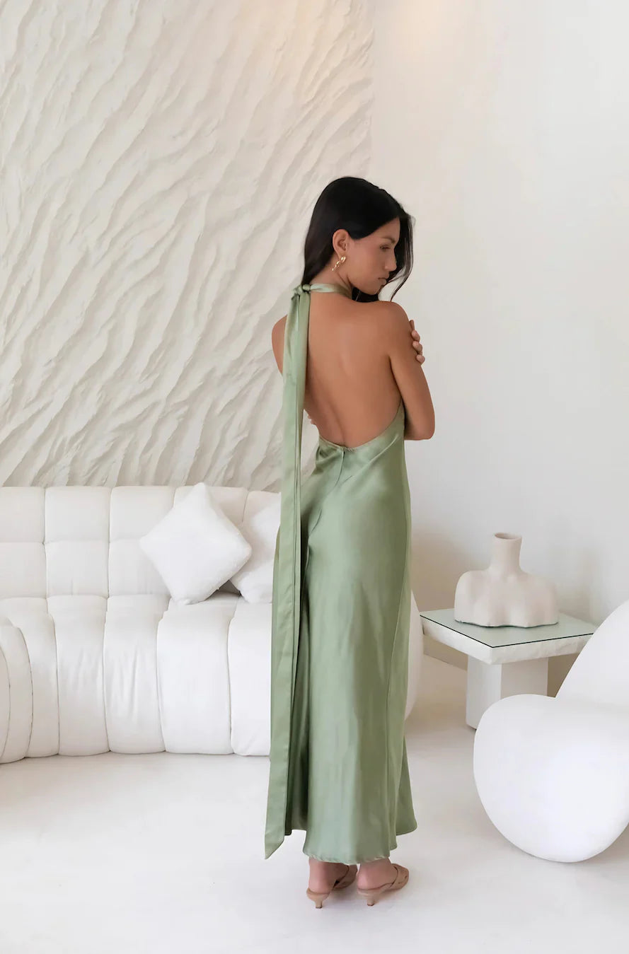 In My Feelings Satin Maxi Dress Olive