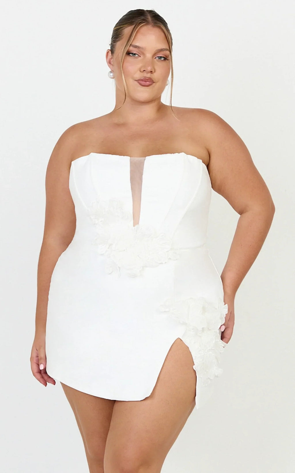Dolores Mini Dress - Strapless Plunge Bodycon Leg Split Dress in White