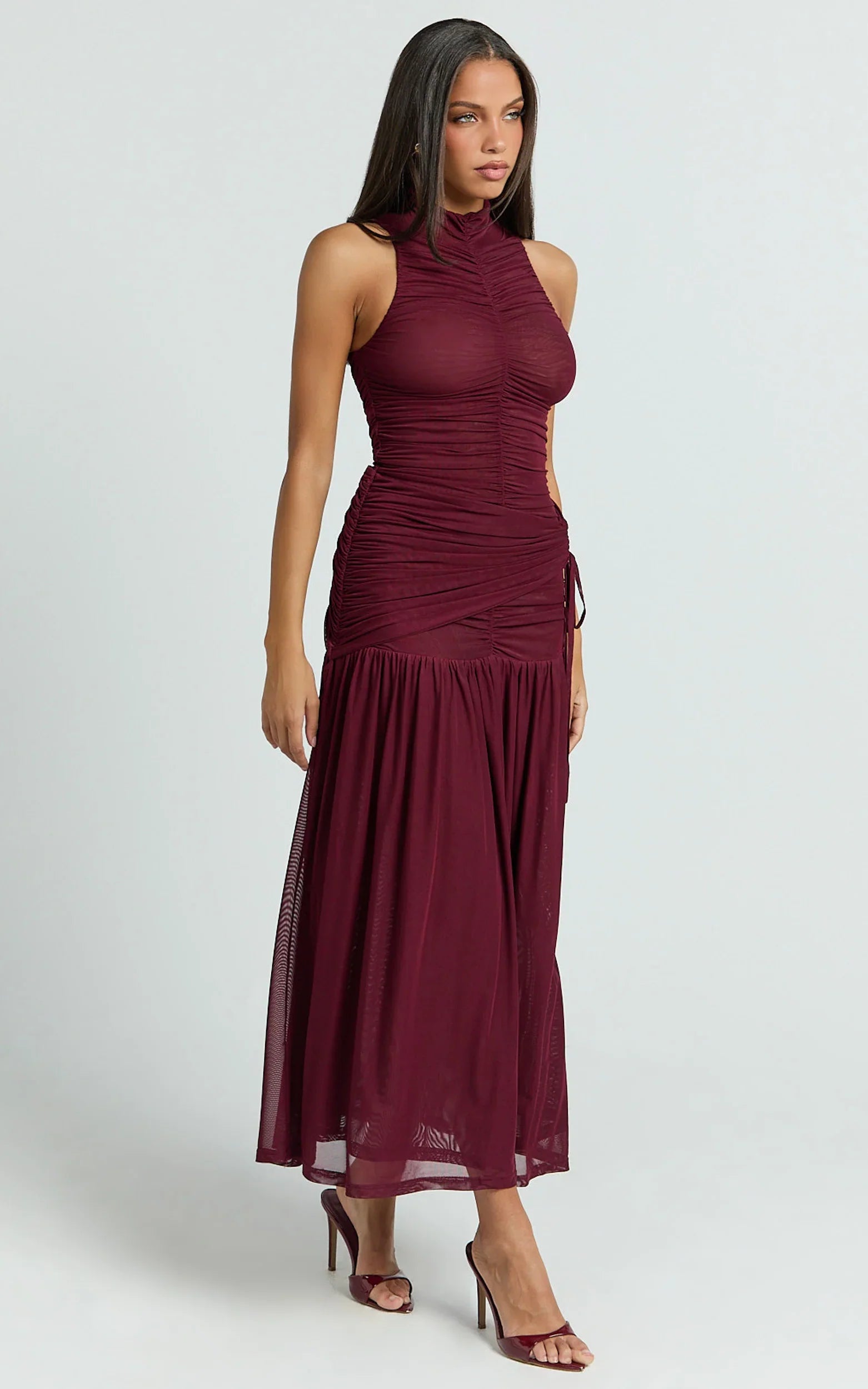 Metzie Midi Dress - High Neck Gathered Mesh Dress in Burgundy