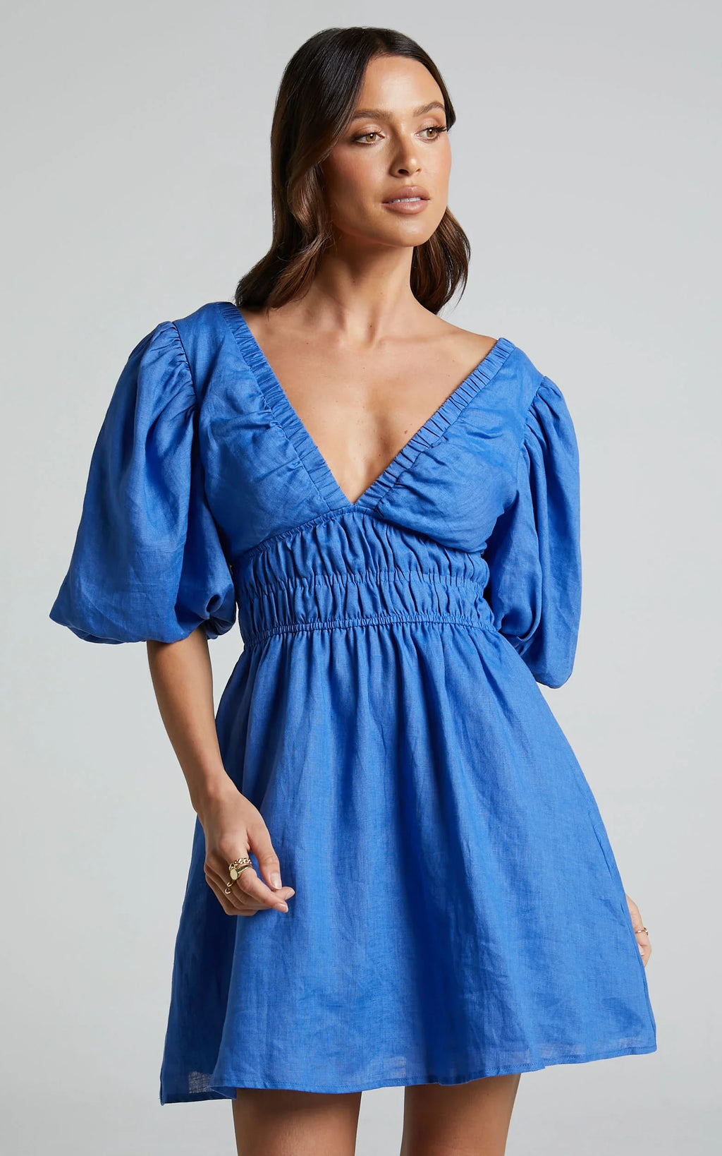 Amalie The Label - Khaila Linen Plunge Puff Sleeve Mini Linen Dress - In Blue