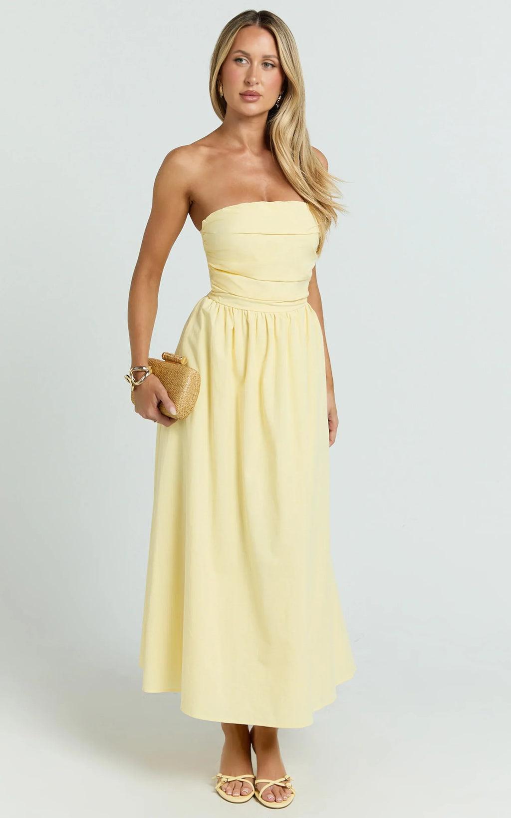 Polly Midi Dress - Strapless Ruched Dress in Lemon