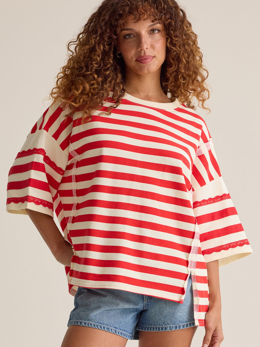 Alba Oversized Stripe Lace Trim Top