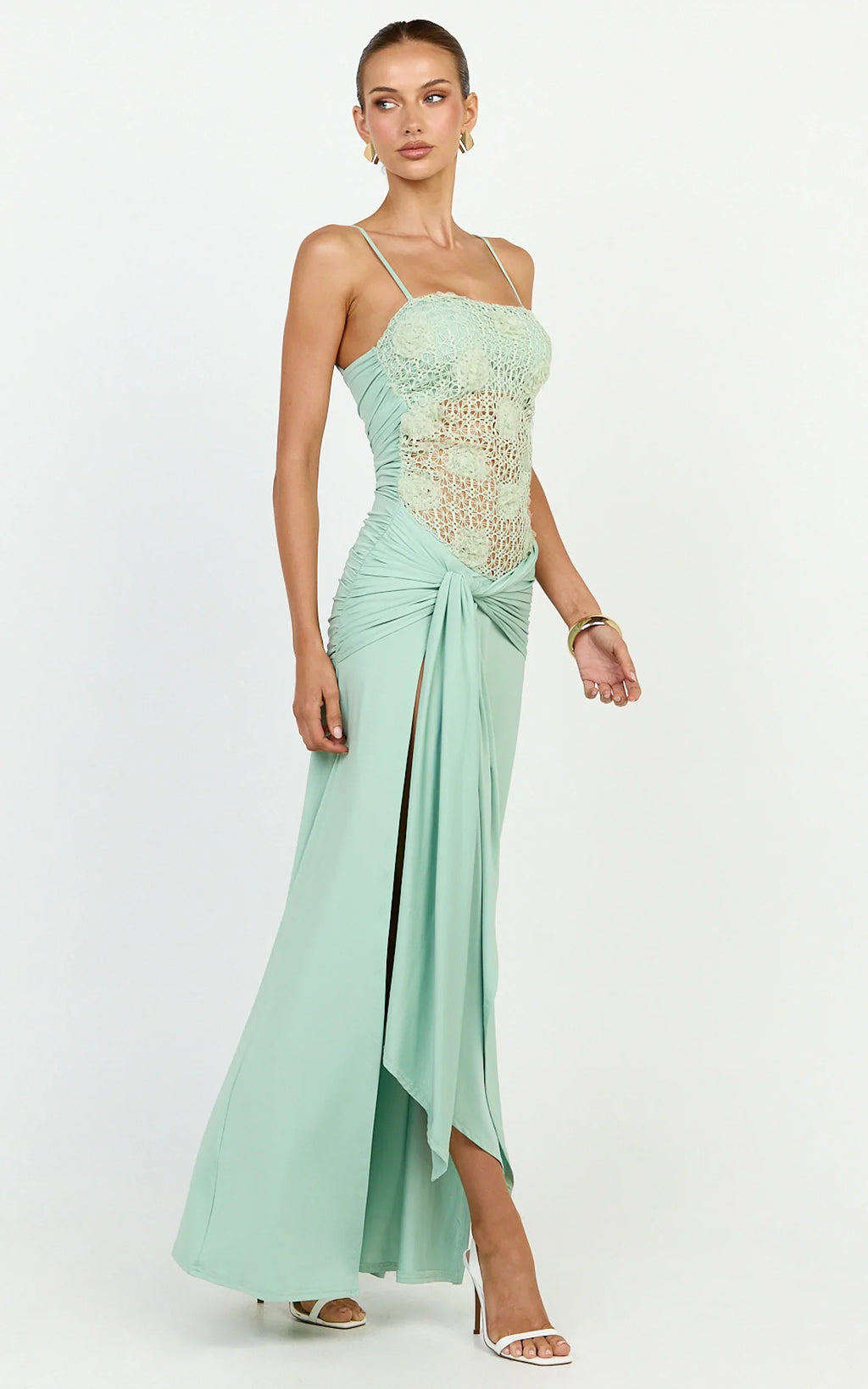Nerissa Maxi Dress - Crochet Floral Embellished Bodice Drop Tie Waist Dress in Sage