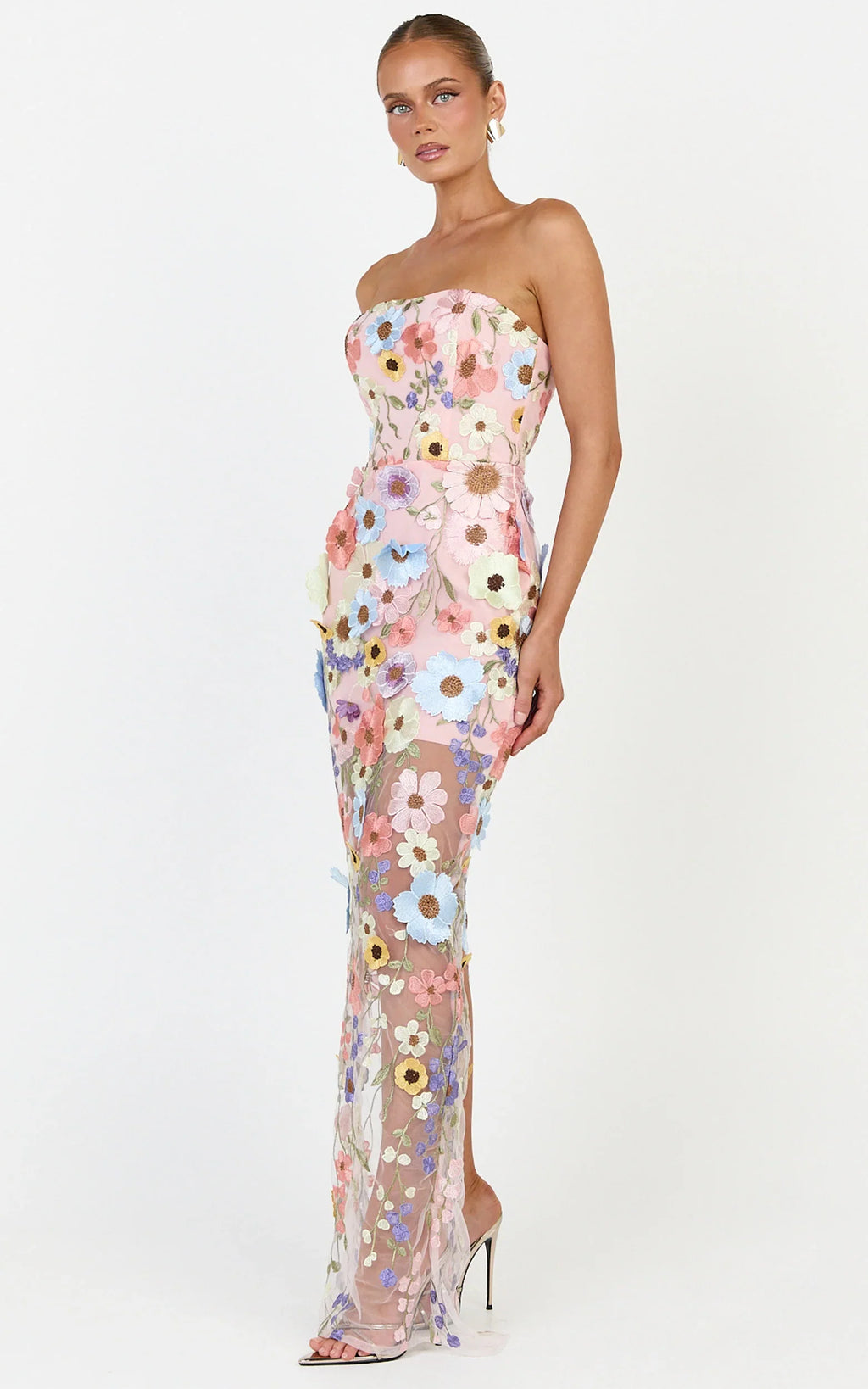 Sienna Maxi Dress - 3D Floral Strapless Column Dress in Multi