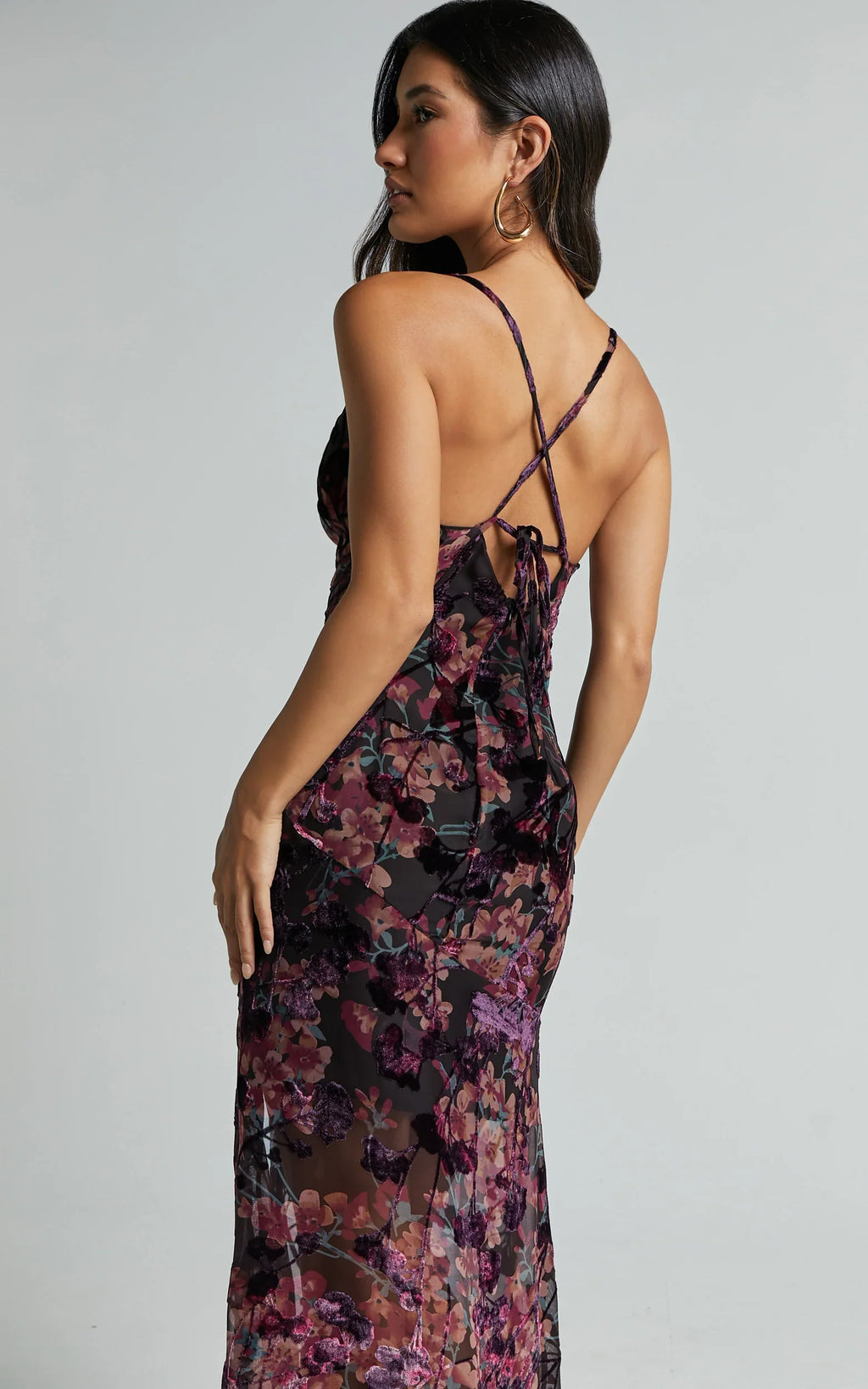 Aletta Maxi Dress - Cowl Cross Back Dress in Burn Out Floral