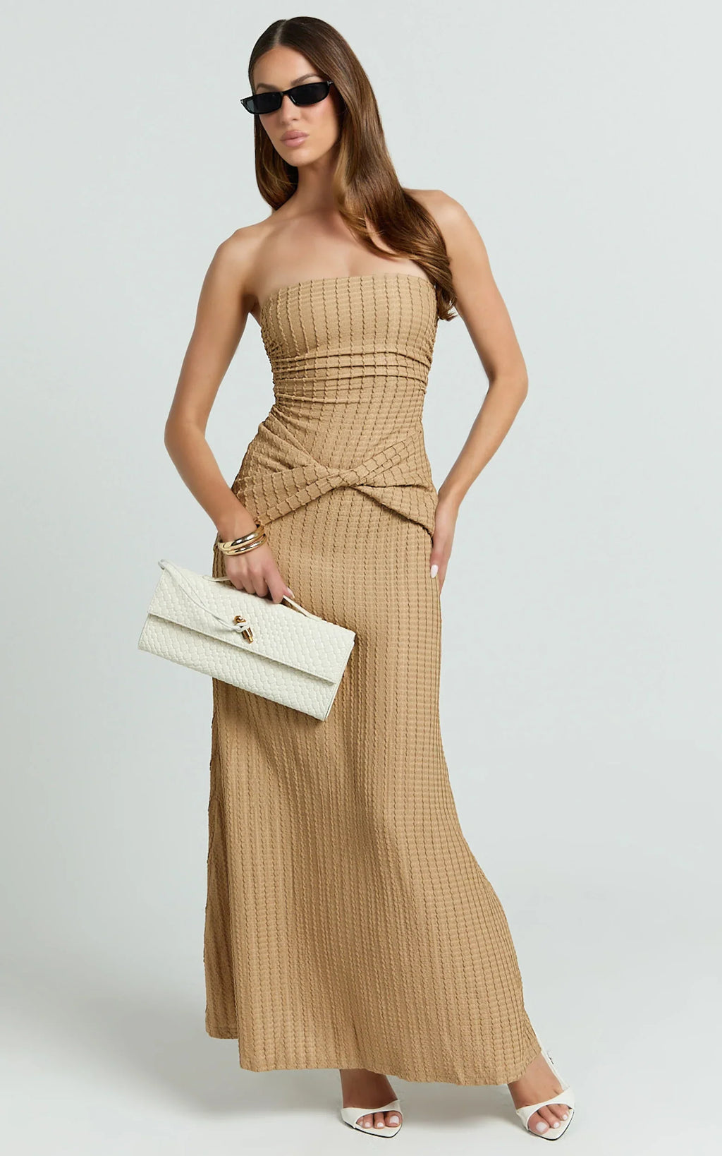 Santiago Midi Dress - Textured Jersey Strapless Twist Waist Dress in Beige