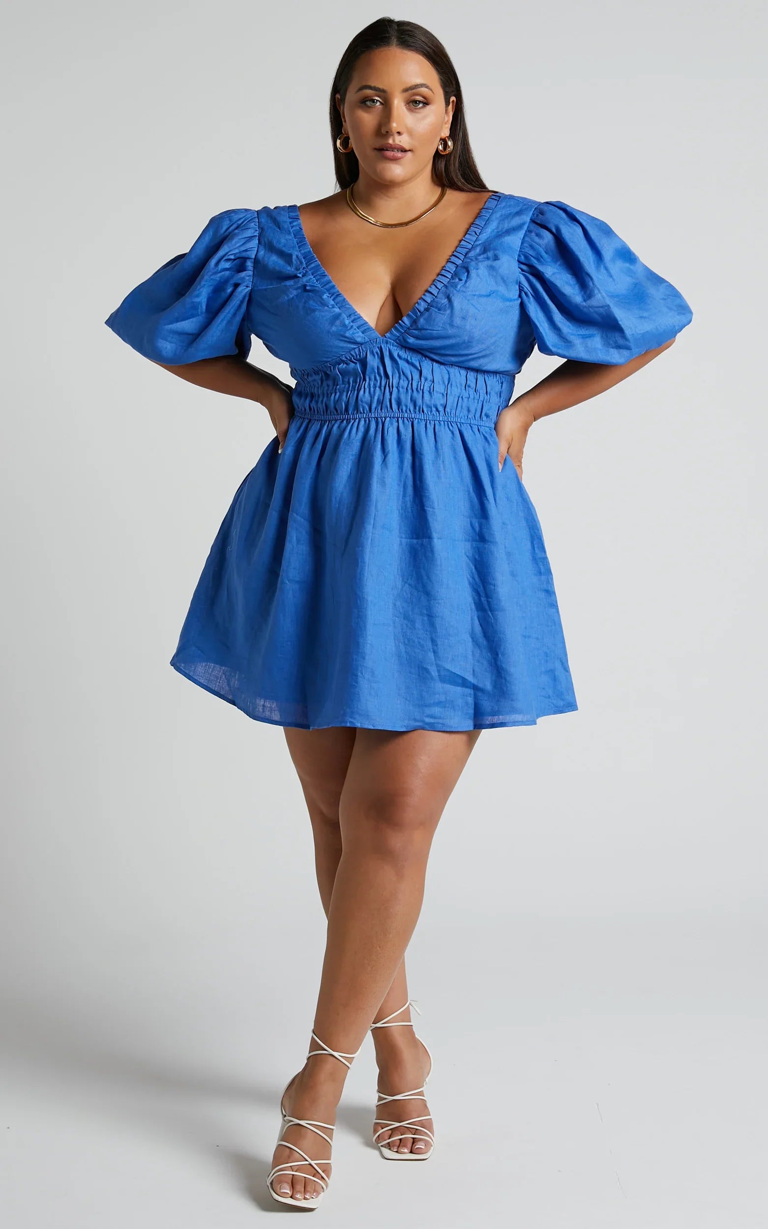 Amalie The Label - Khaila Linen Plunge Puff Sleeve Mini Linen Dress - In Blue