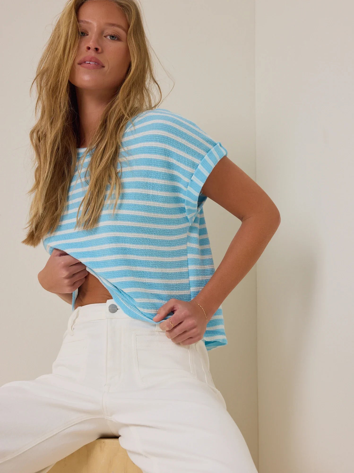 Hattie Stripe Roll Sleeve Crew