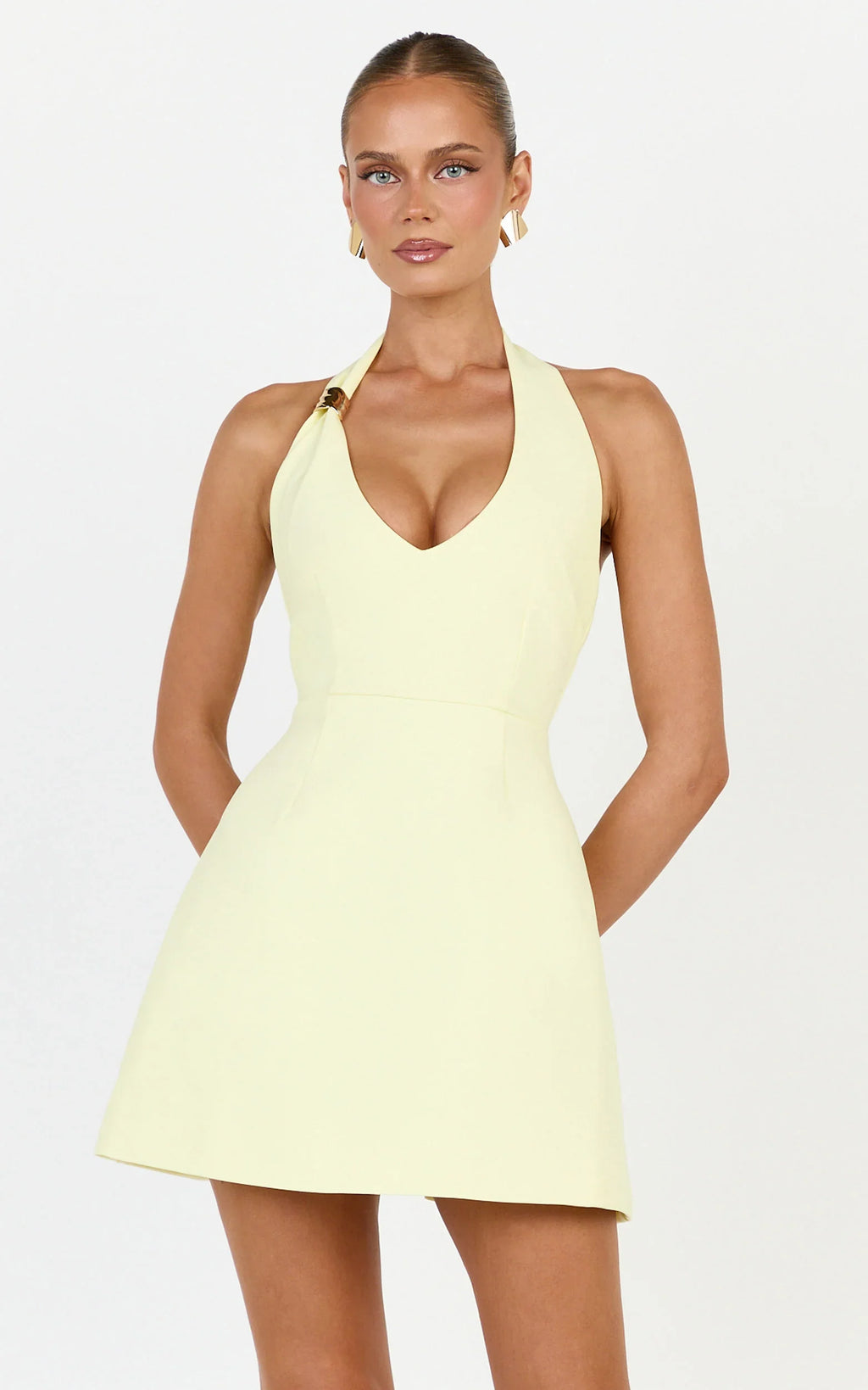 Leilani Mini Dress - Plunge Gold Hardware Fit and Flare Dress in Lemon