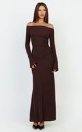 Ayla Maxi Dress - Off Shoulder Flared Sleeve Bodycon Dress in Chocolate