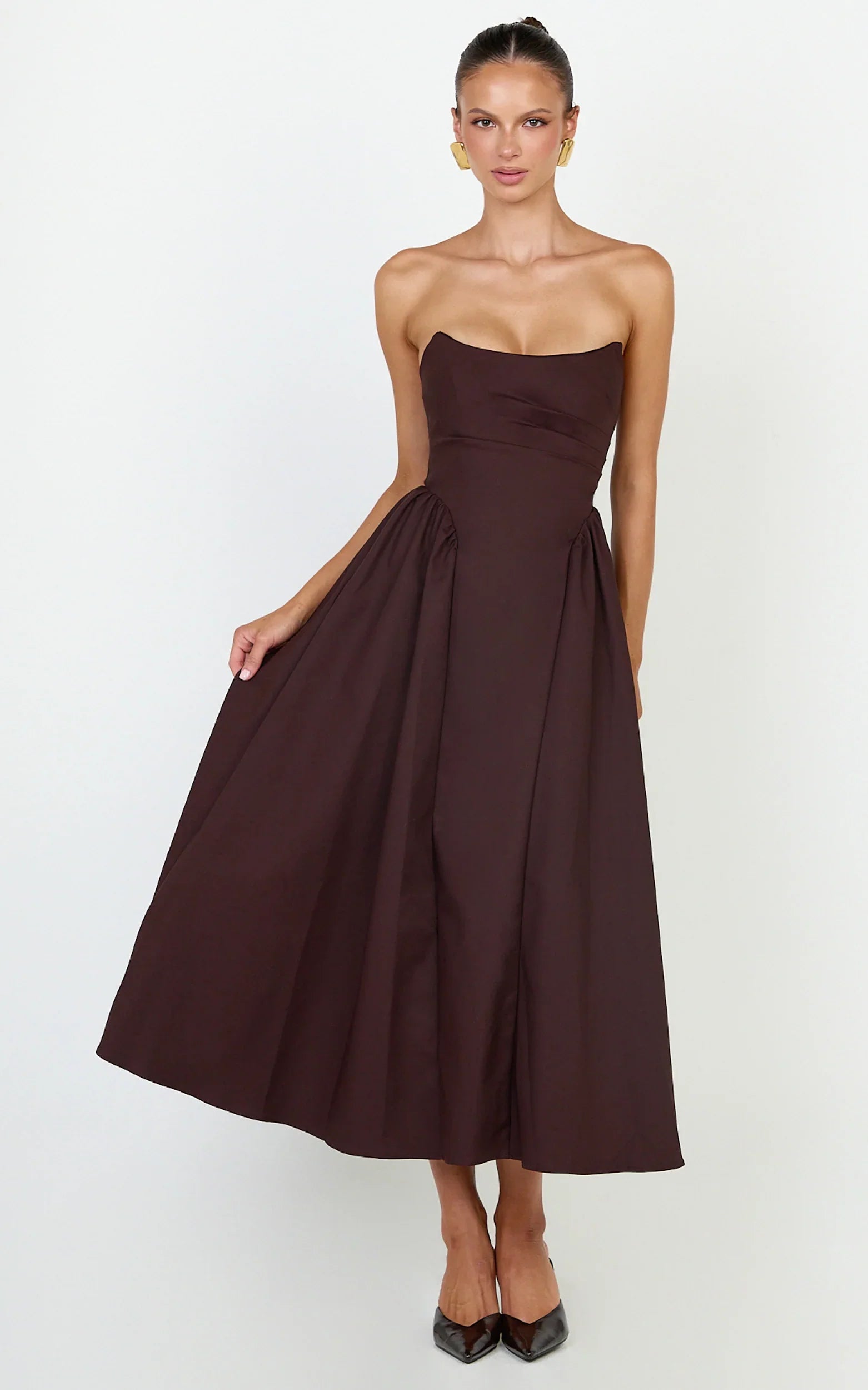 Amara Maxi Dress - Strapless Fit And Flare Dress in Chocolate