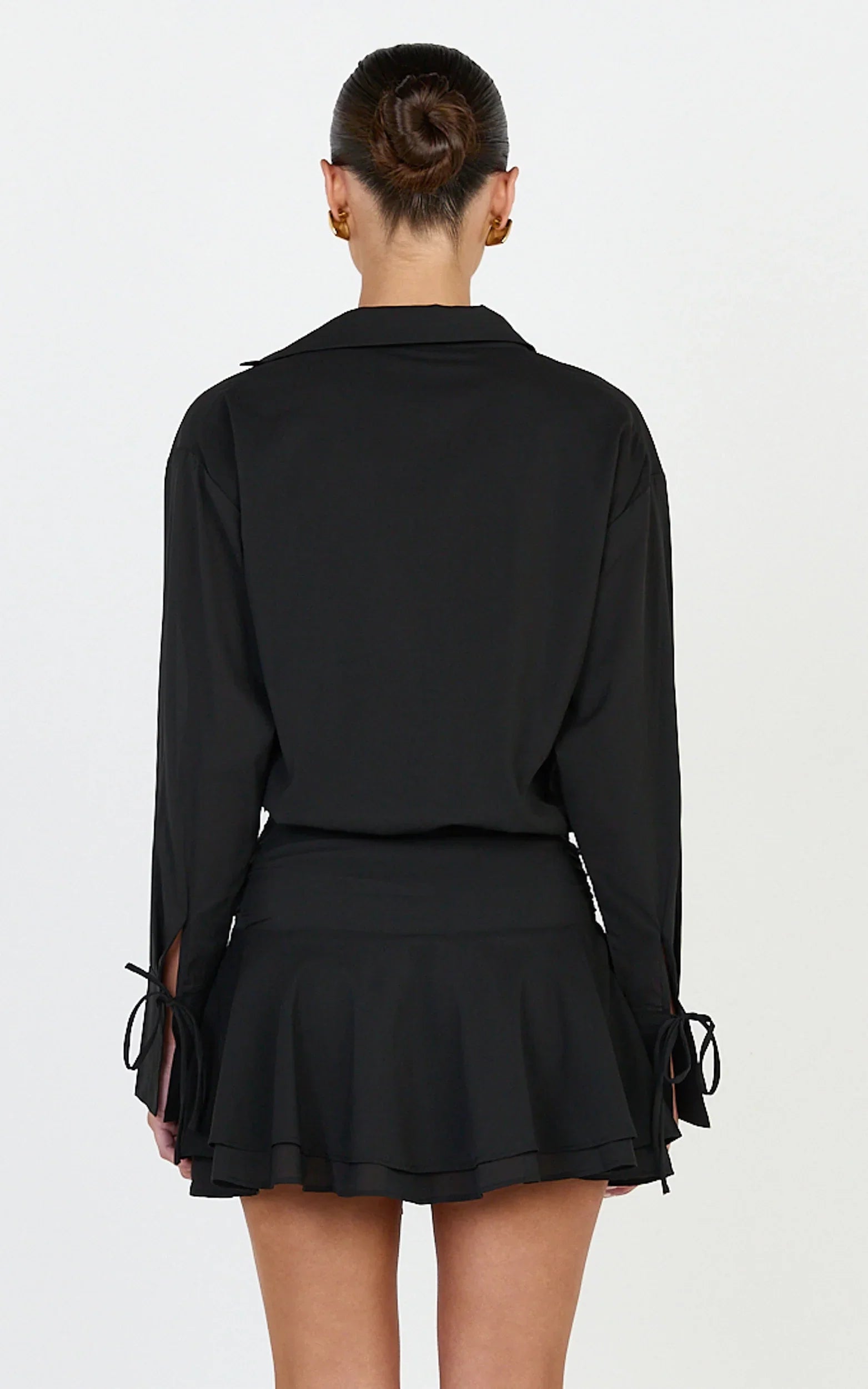 Melanie Mini Dress - Tie Front Long Sleeve Shirt Dress in Black