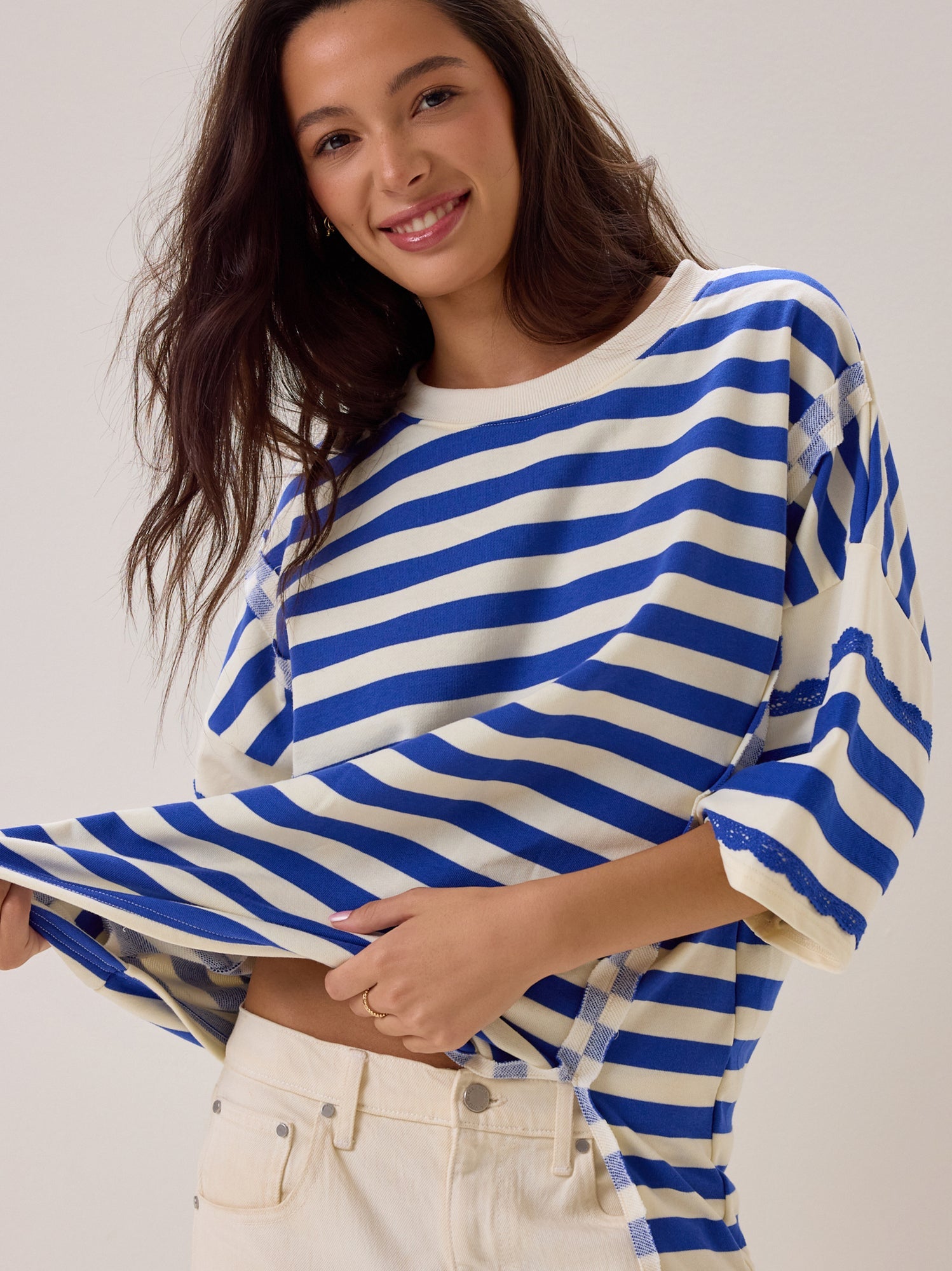 Alba Oversized Stripe Lace Trim Top