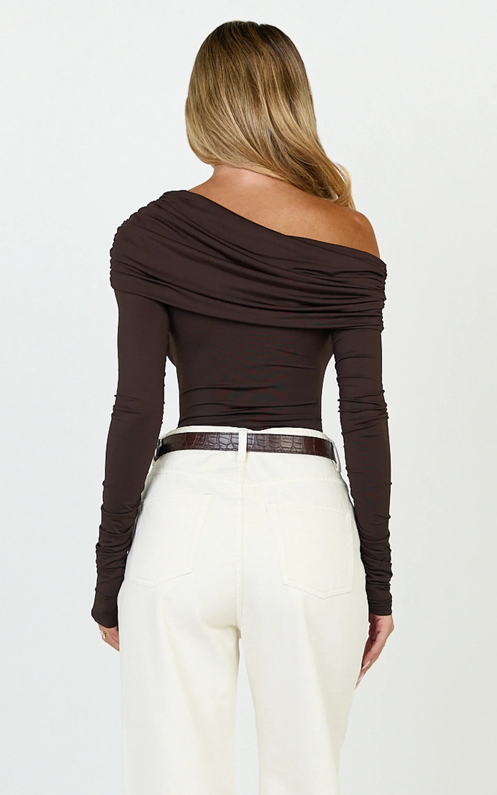 Hallie Bodysuit - One Shoulder Draped Long Sleeve Bodysuit in Chocolate