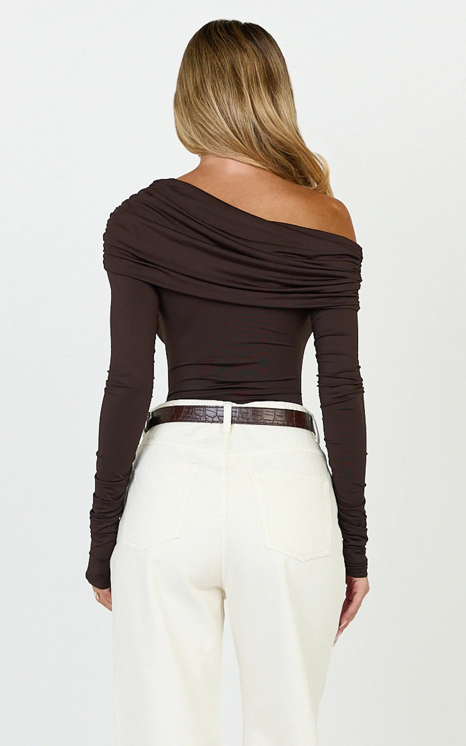 Hallie Bodysuit - One Shoulder Draped Long Sleeve Bodysuit in Chocolate