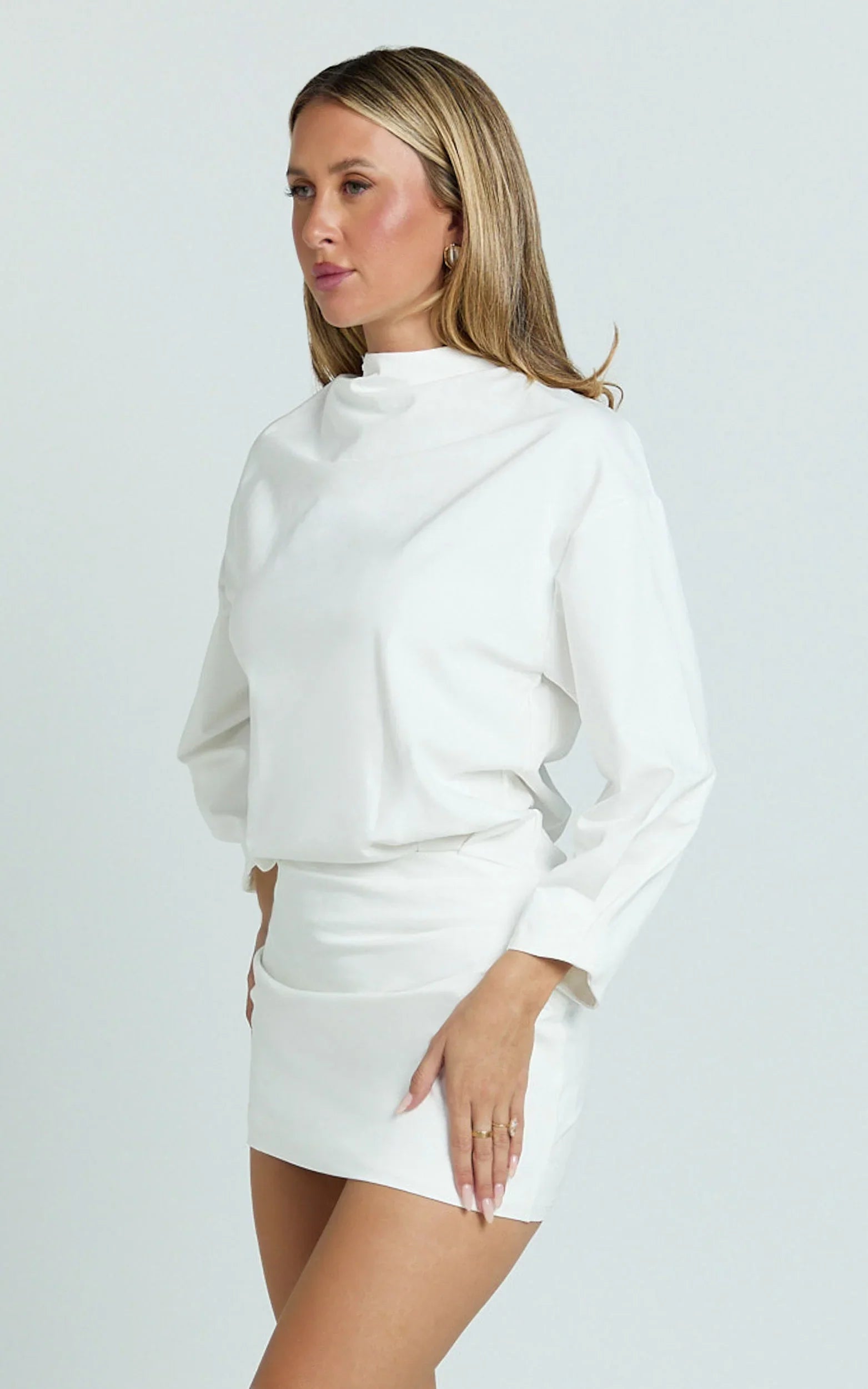 Tonya Mini Dress - High Neck Drop Shoulder Tulip Sleeve Top in White