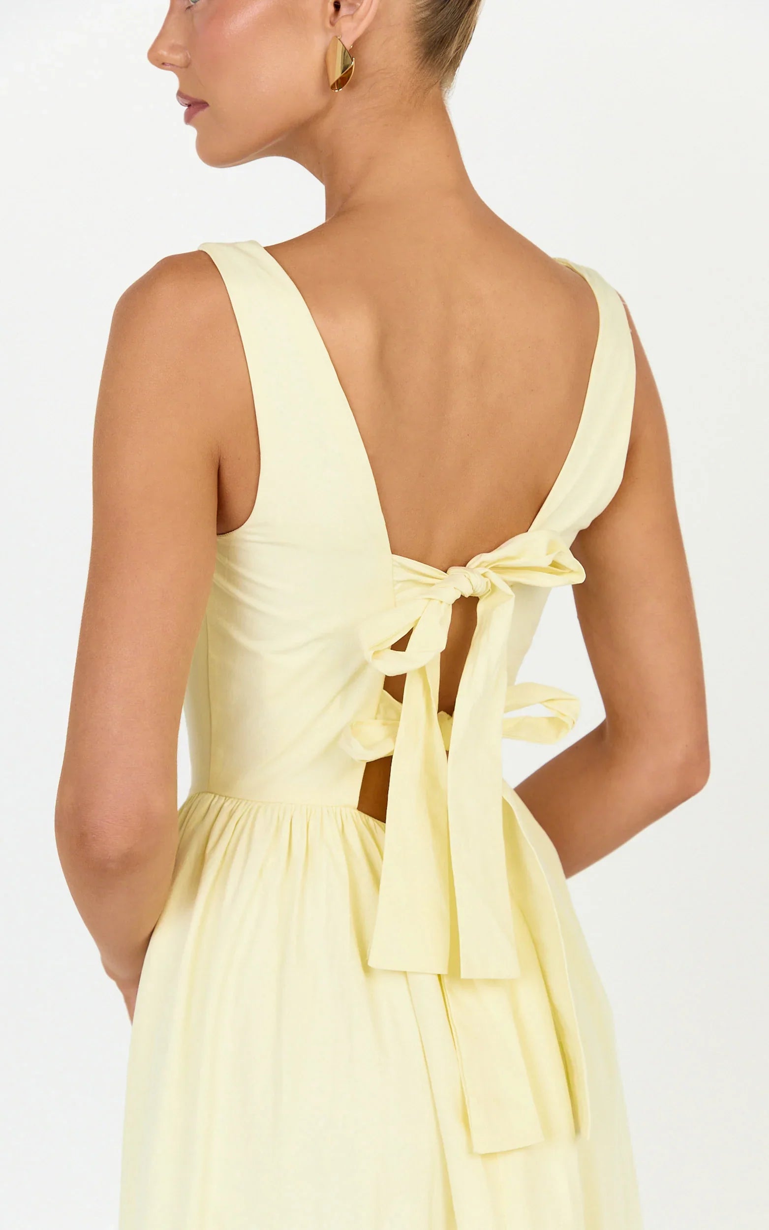 Casina Midi Dress - Boat Neck Tie Back Fit And Flare Dress in Yellow