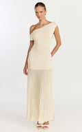 Roxy Maxi Dress - One Shoulder Pleated Skirt Knitted Dress in Cream