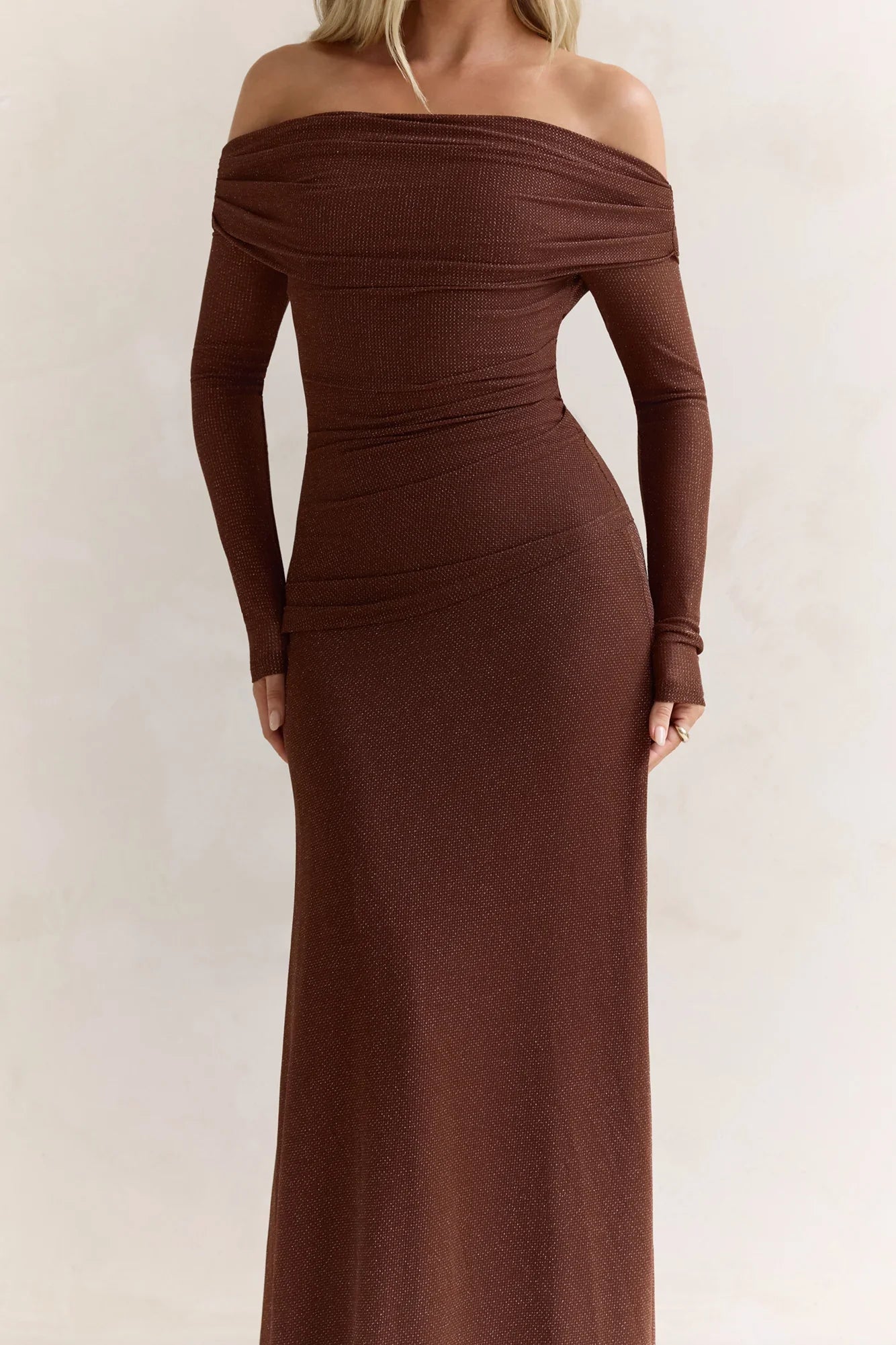 Carmelita Long Sleeve Off Shoulder Maxi Dress Brown