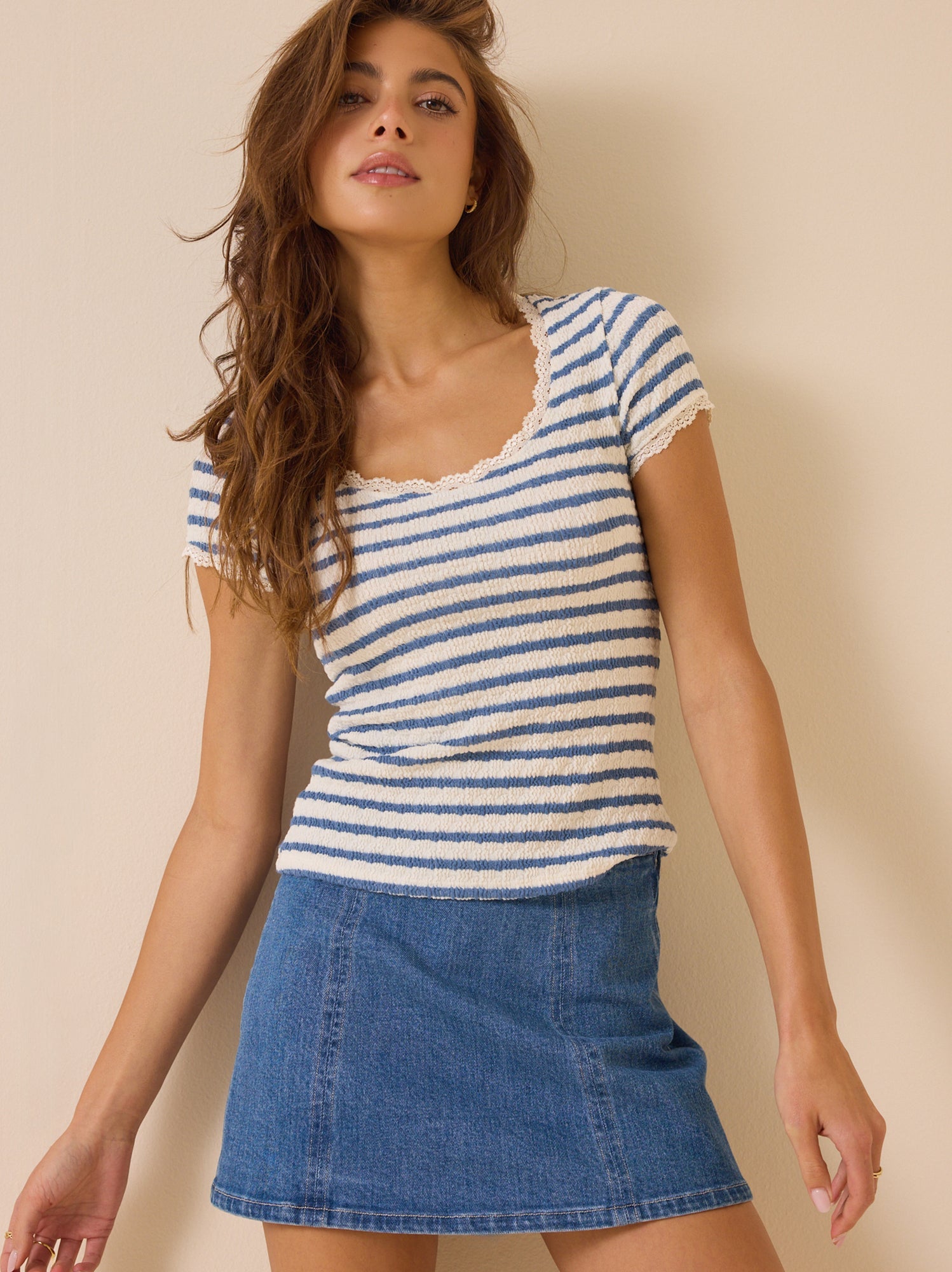 Shivani Striped Lace Trim Tee