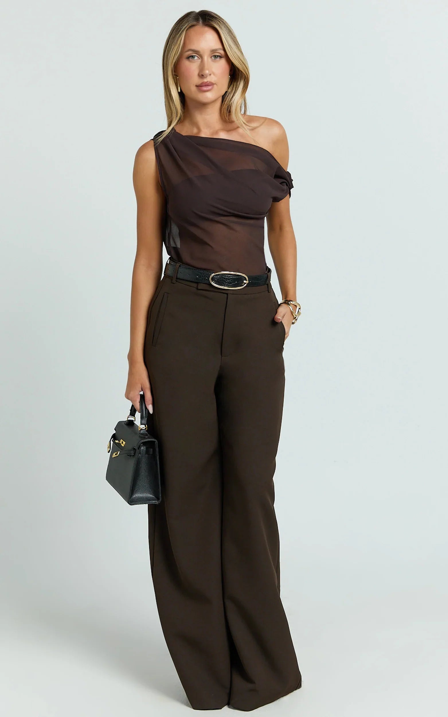 Milla Top - Georgette Asymmetric Draped Top in Chocolate
