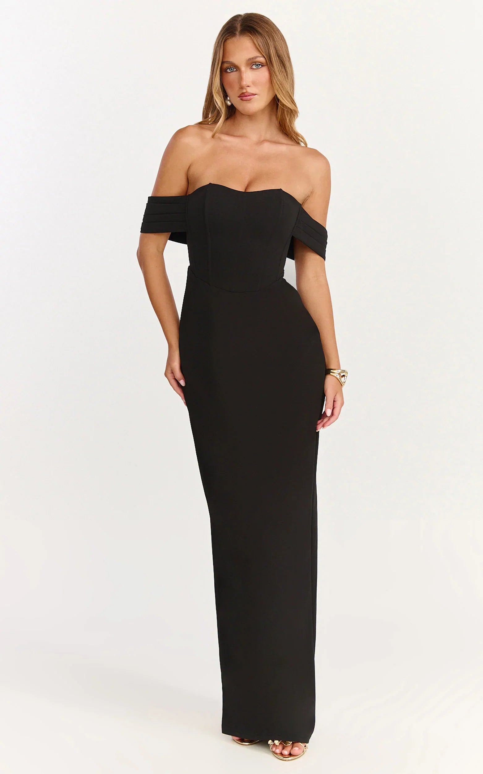 Karina Maxi Dress - Off Shoulder Corset Bodice Lace Up Back Dress in Black