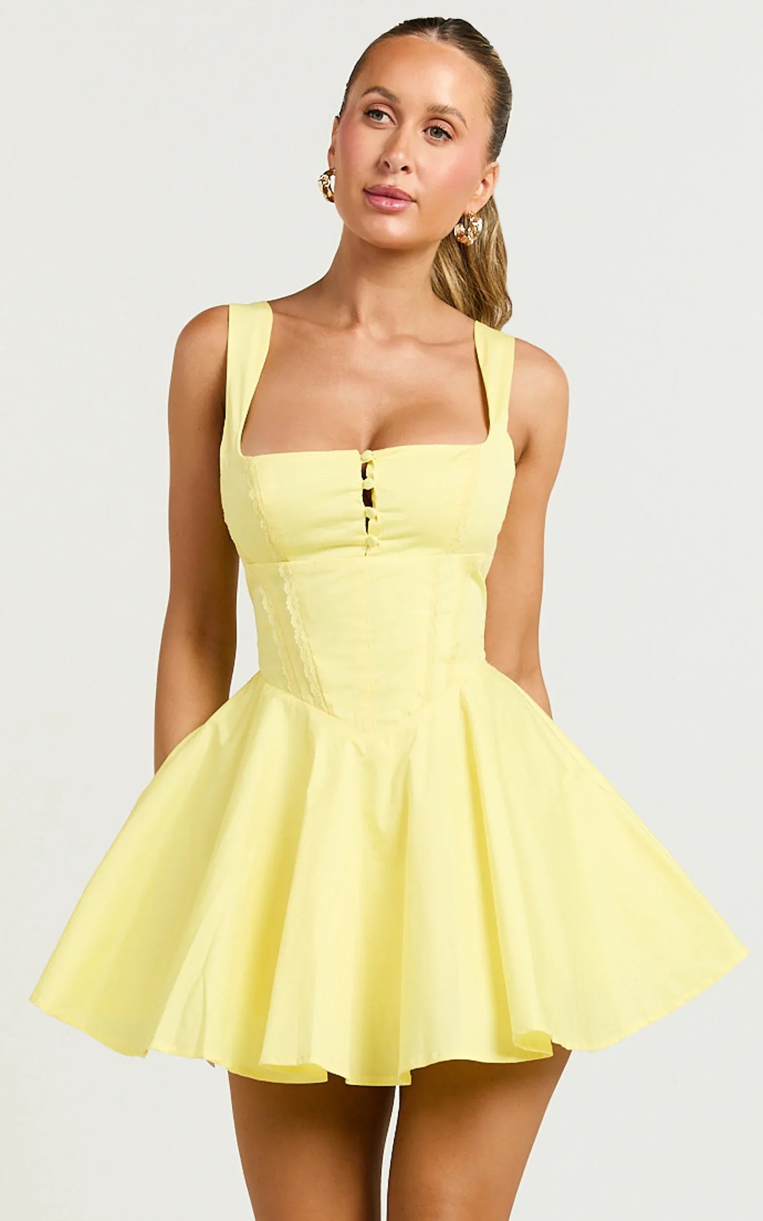 Indi Mini Dress - Square Neckline Lace Up Back Dress in Lemon