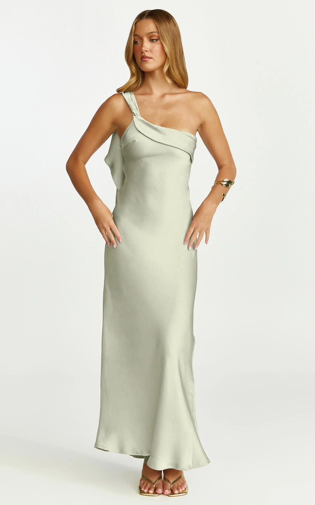 Calix Midi Dress - One Shoulder Slip Dress in Light Olive