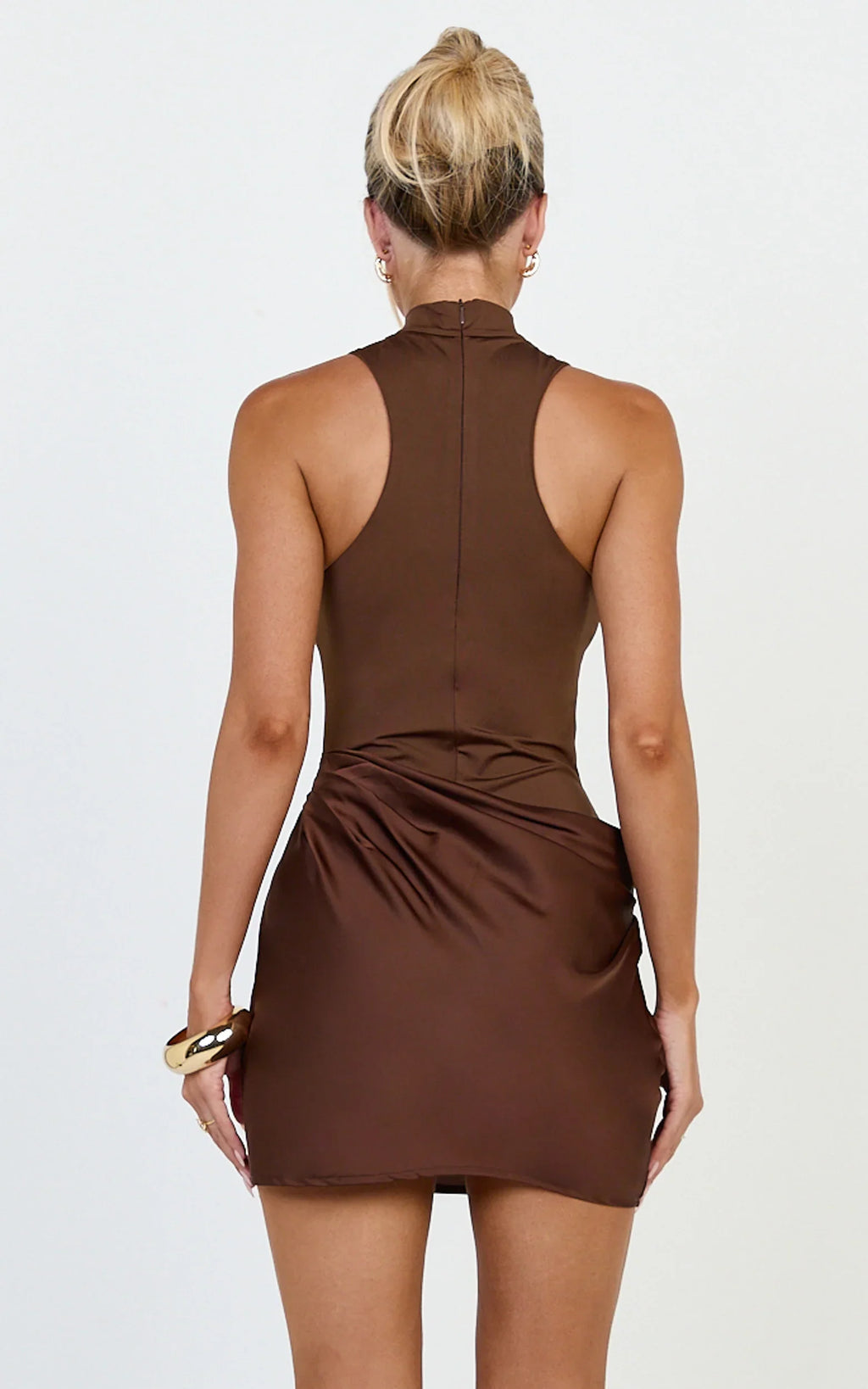Elodie Mini Dress - Sleeveless Dress Overlay Skirt in Chocolate