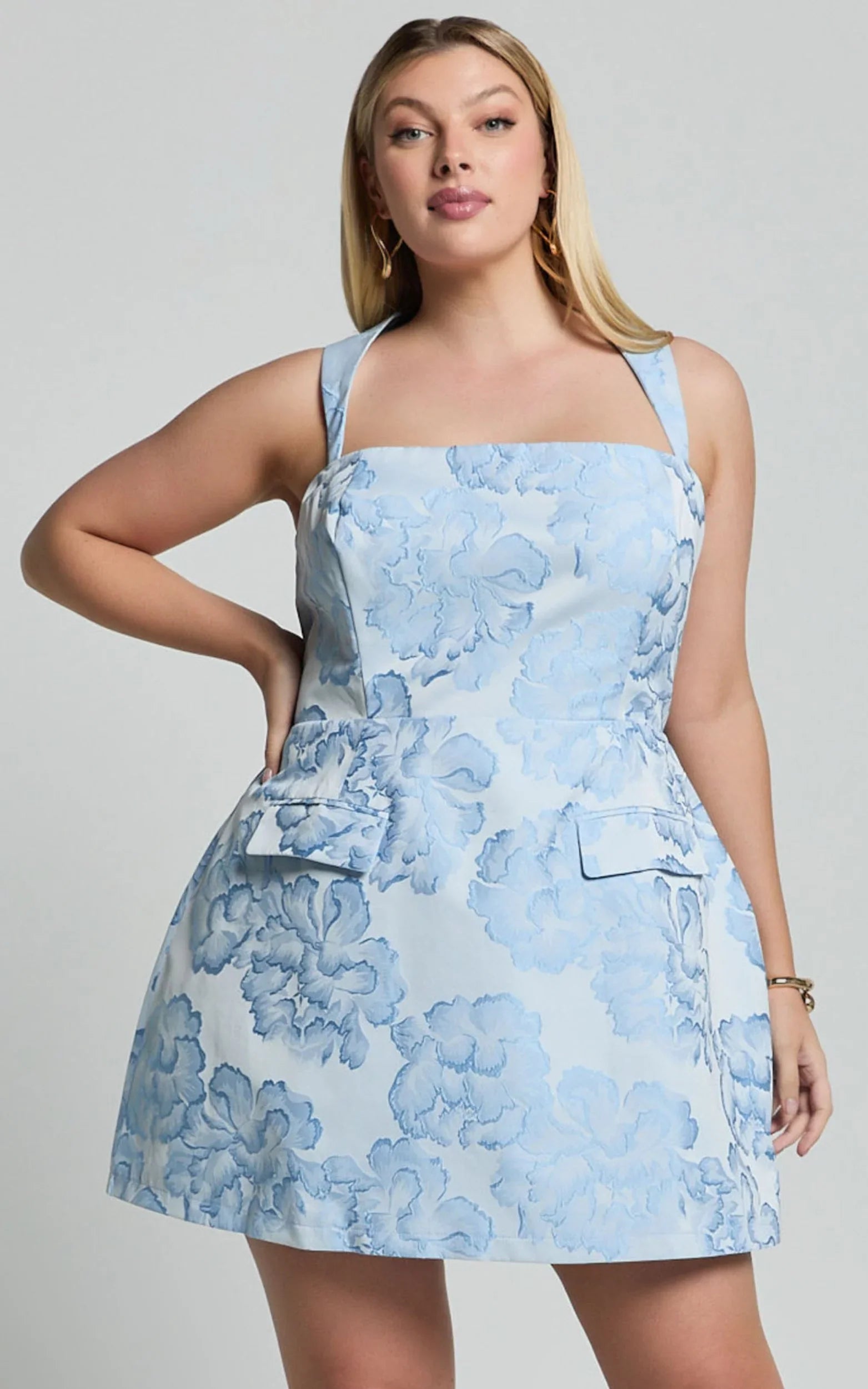Kyra Mini Dress - Square Neck Open Back Jacquard Mini Dress in Light Blue