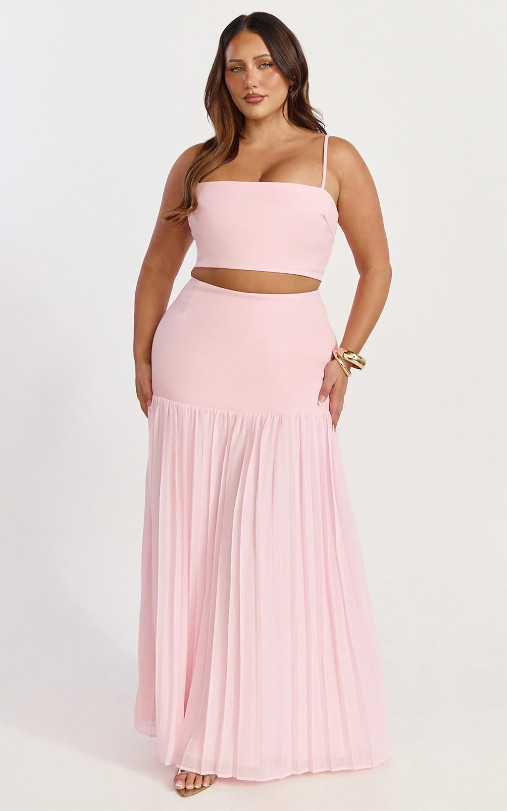 Rowan Two Piece Top and Skirt Set - Square Neck Crop Top and High Waist Pleated Maxi Skirt Set in Pink